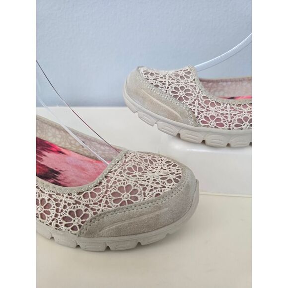 Skechers 23413 Beige Lace Flats 8.5 | Memory Foam Slip On Walking Shoes Neutral - Picture 2 of 7